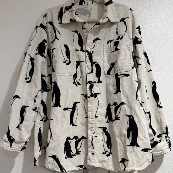 Corduroy All Over Print Penguins Button Up Sz XL Ivory Mens Shirt - Picture 1 of 3